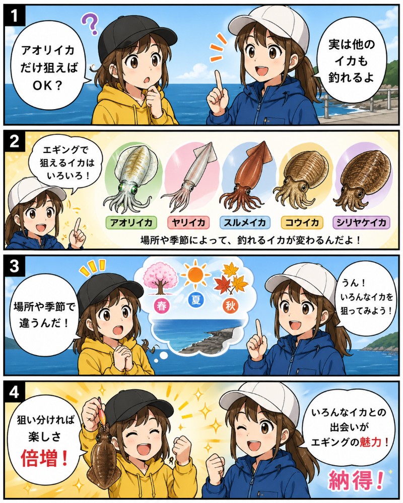 エギングで釣れるイカの種類を説明している漫画