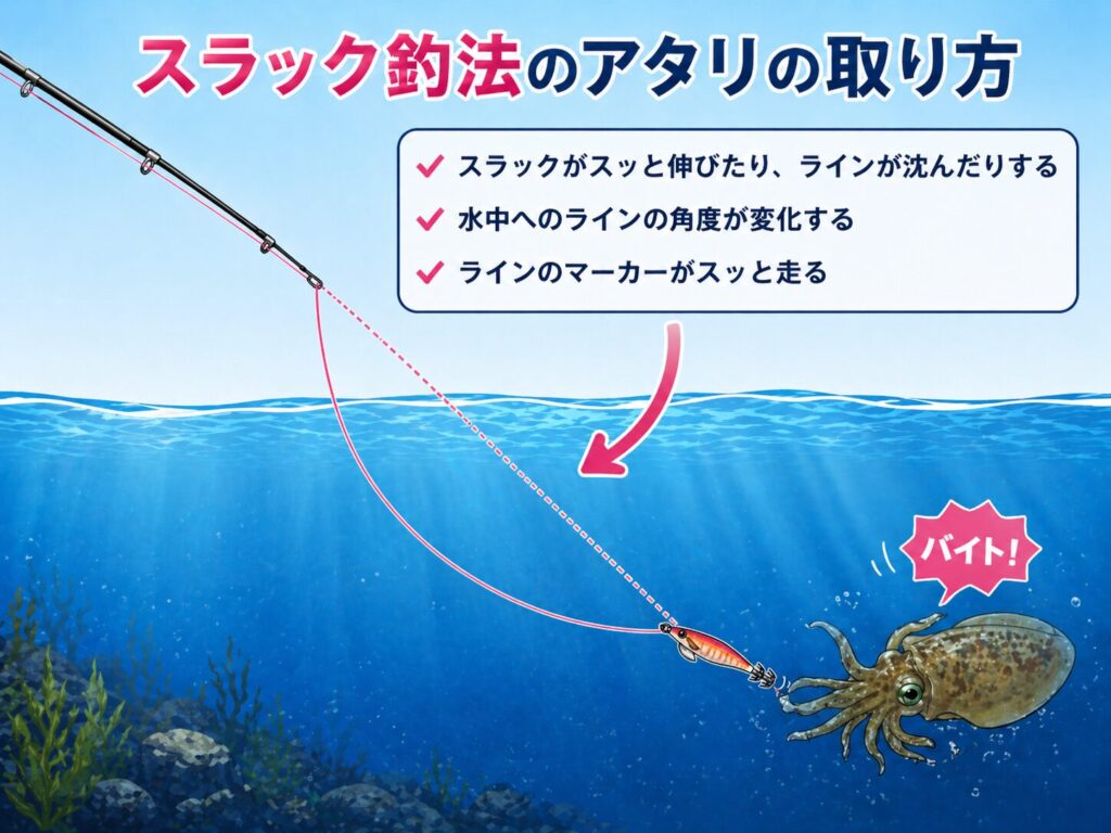 スラック釣法におけるアタリの取り方を説明しているイラスト