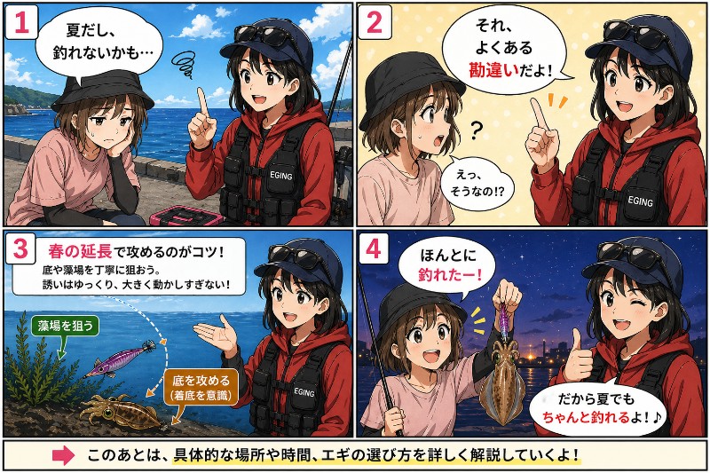 夏でも釣れるを説明している漫画