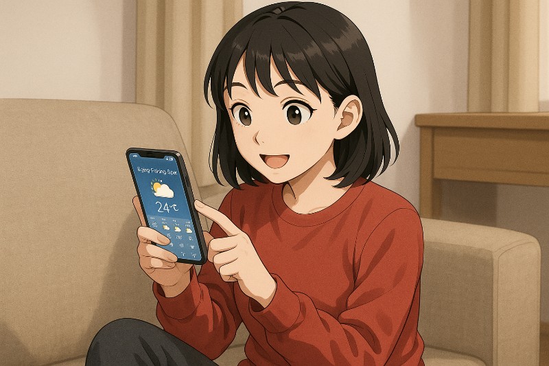 エギング釣り場の天気をチェックしているイラスト