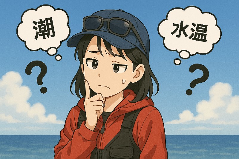 水温低下時のエギングで悩んでいる女性のイラスト