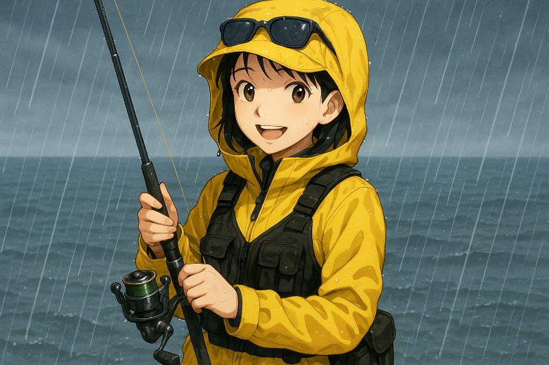 雨の中でエギングを楽しんでいるイラスト