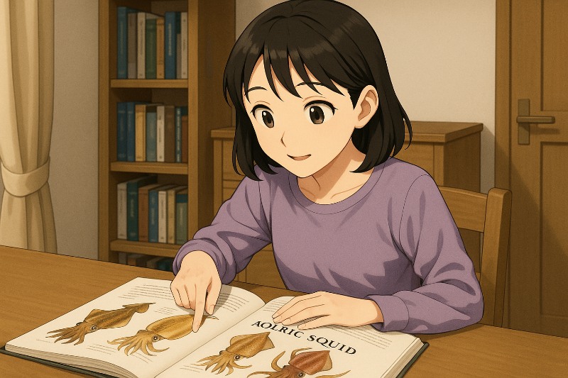 アオリイカの生態を勉強しているイラスト