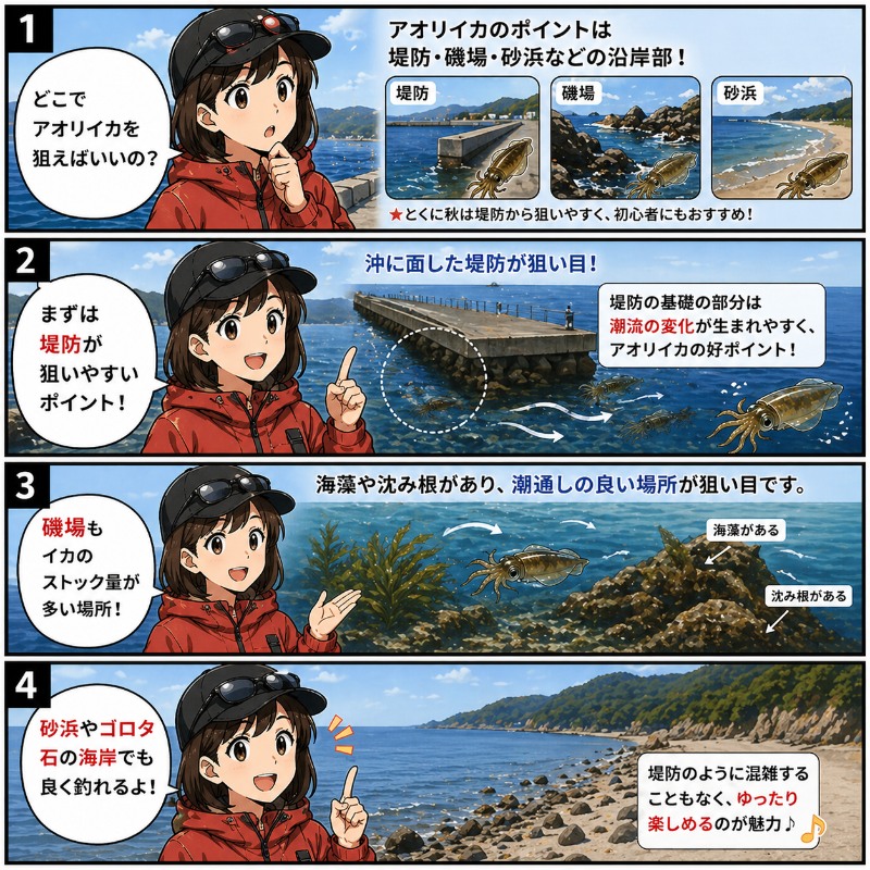 アオリイカの主なポイントを説明している漫画