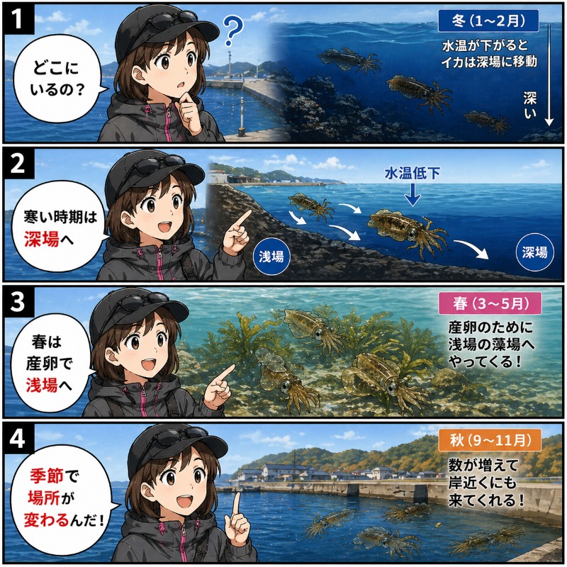 1年という短い生涯を生き抜くアオリイカの生態を説明している漫画