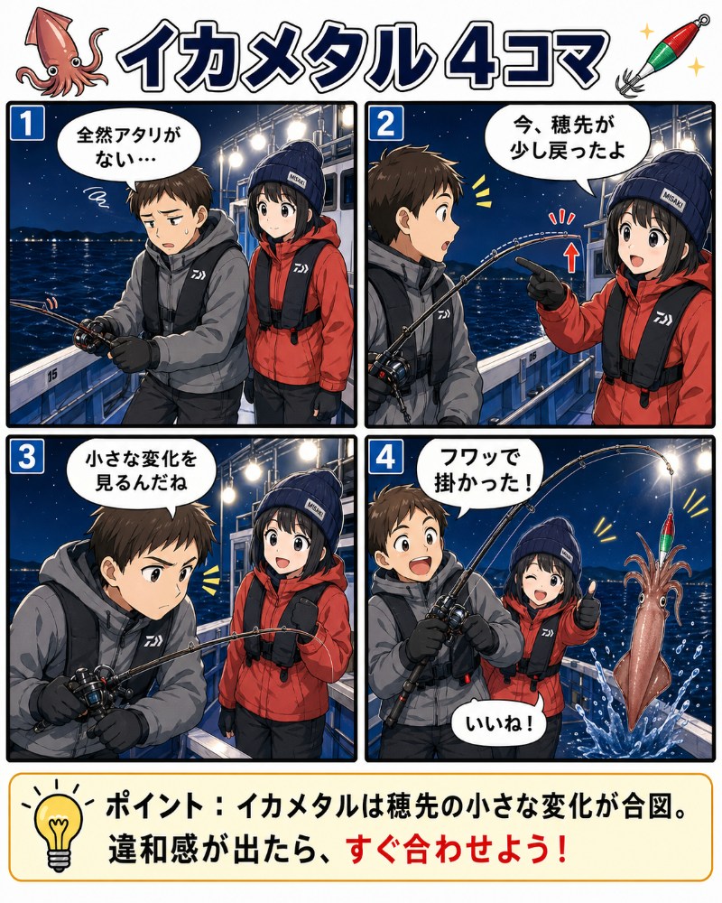 イカメタルのアワセ方を説明している漫画