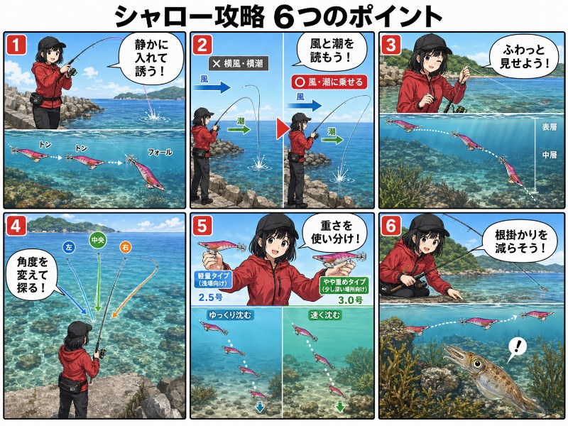 シャロー攻略で押さえておくべき6つのポイントを説明しているイラスト