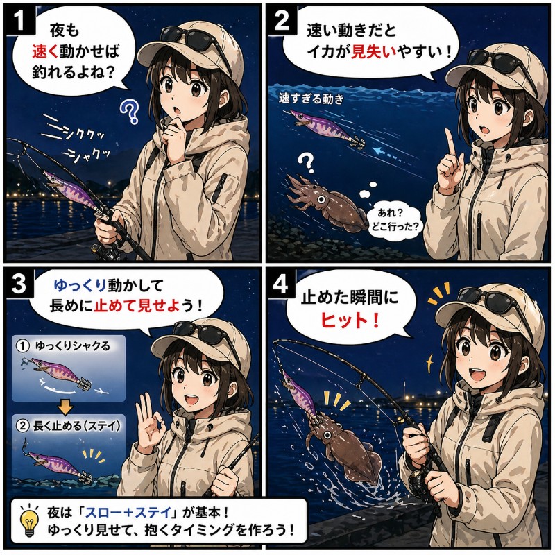 ナイトエギングで有効なアクション・シャクリを説明している漫画