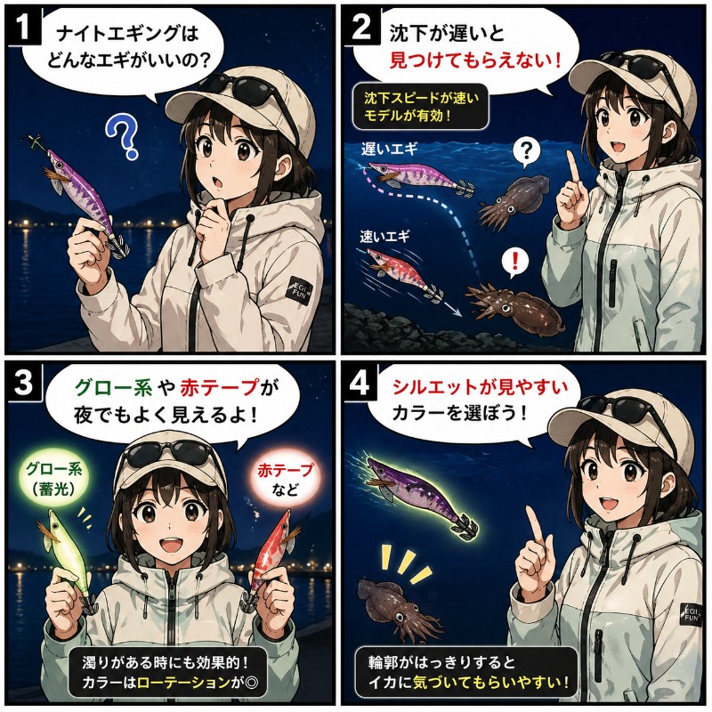 ナイトエギングに適したエギの選び方を説明している漫画