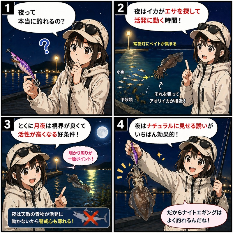 なぜ夜が釣れるのかを説明している漫画
