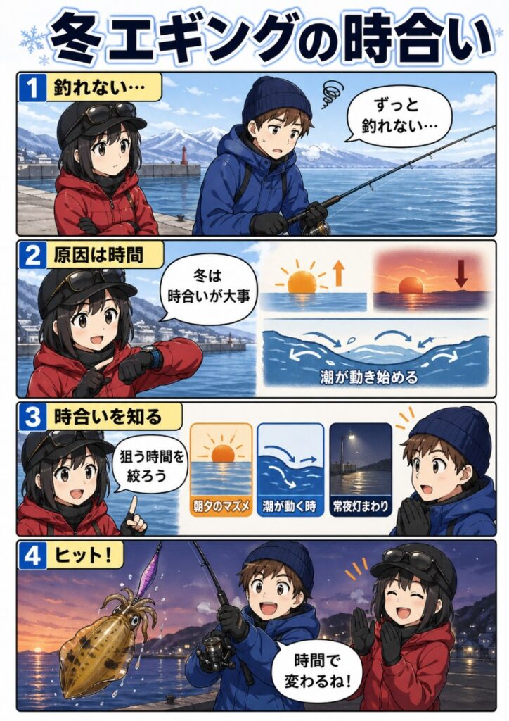 冬エギングで狙うべき時間帯を説明しているイラスト