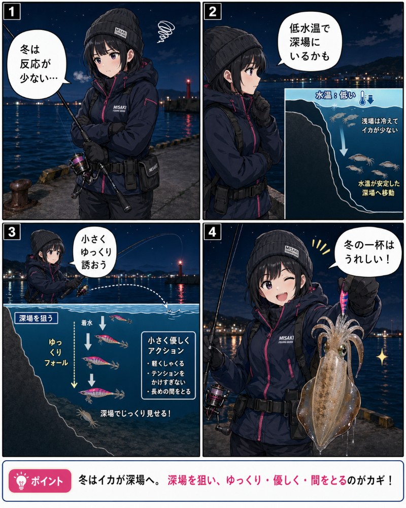 冬は釣果は厳しいが腕試しに適した時期を説明している漫画