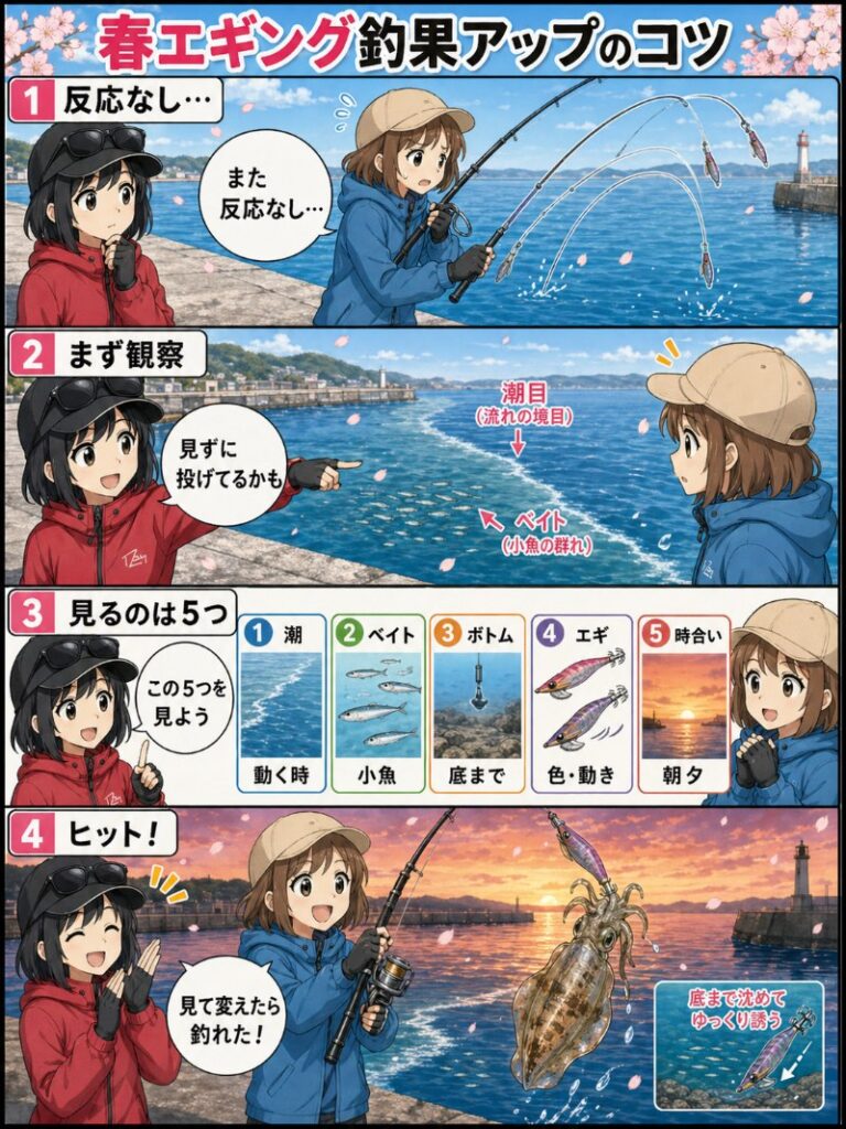 初心者でもできる！春エギング釣果アップのコツを説明しているイラスト
