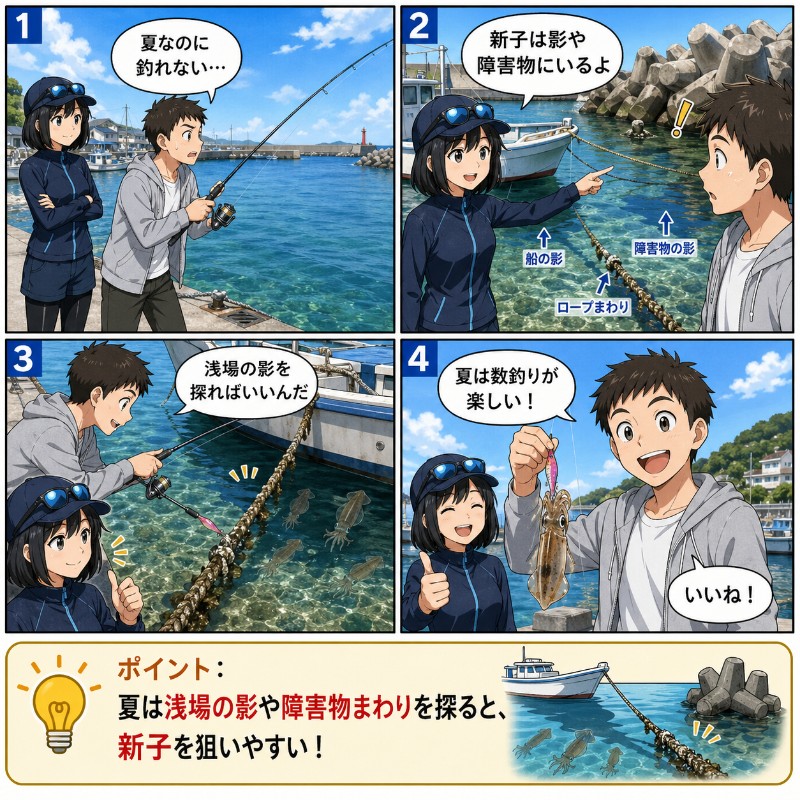 夏は小型中心で浅場で数釣りを楽しめる時期を説明している漫画