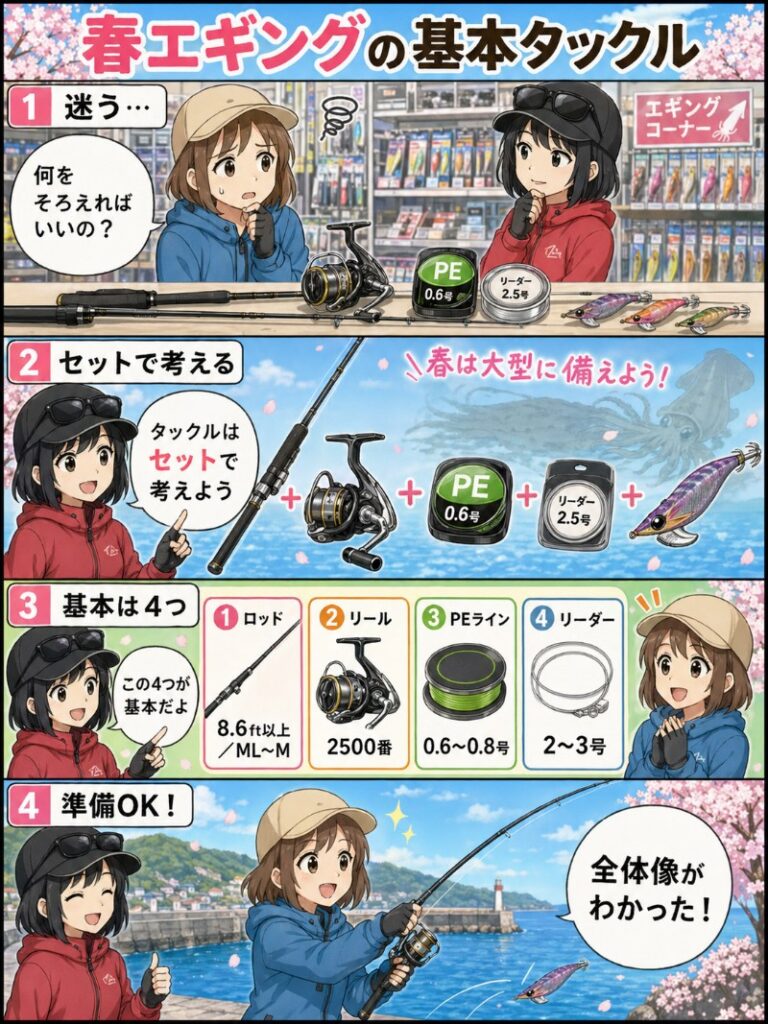 春エギングで使用する基本タックルを説明しているイラスト