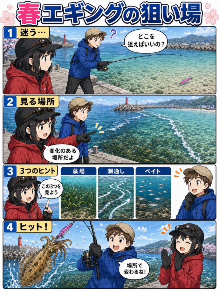 春エギングで狙いたいポイントを説明しているイラスト