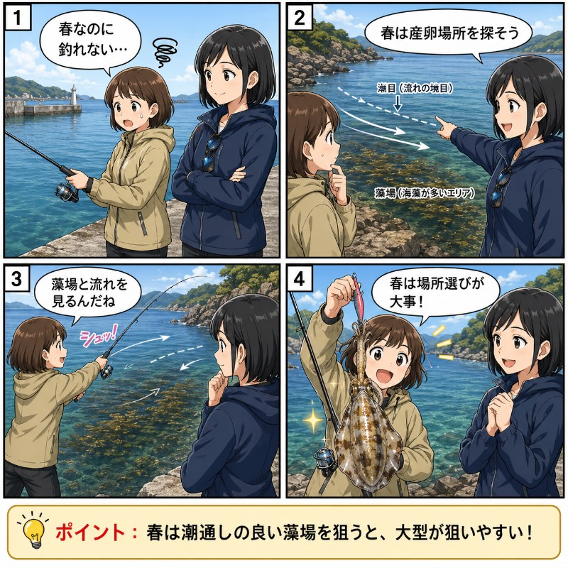 春は大型アオリイカを狙える時期を説明している漫画