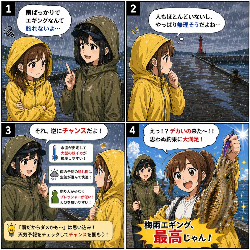梅雨時期にエギングを楽しむメリットを説明している漫画