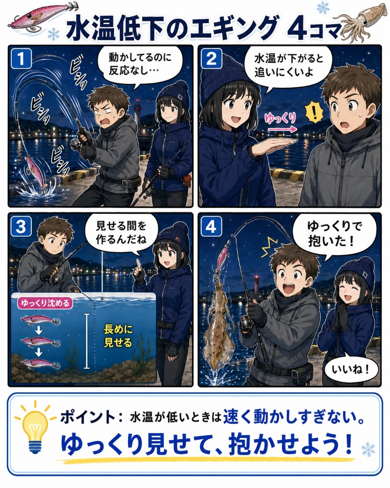 水温低下時のエギングはスローなアクションで誘うを説明している漫画