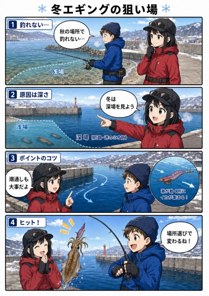 冬エギングで釣果が期待できるエリア・ポイントを説明しているイラスト