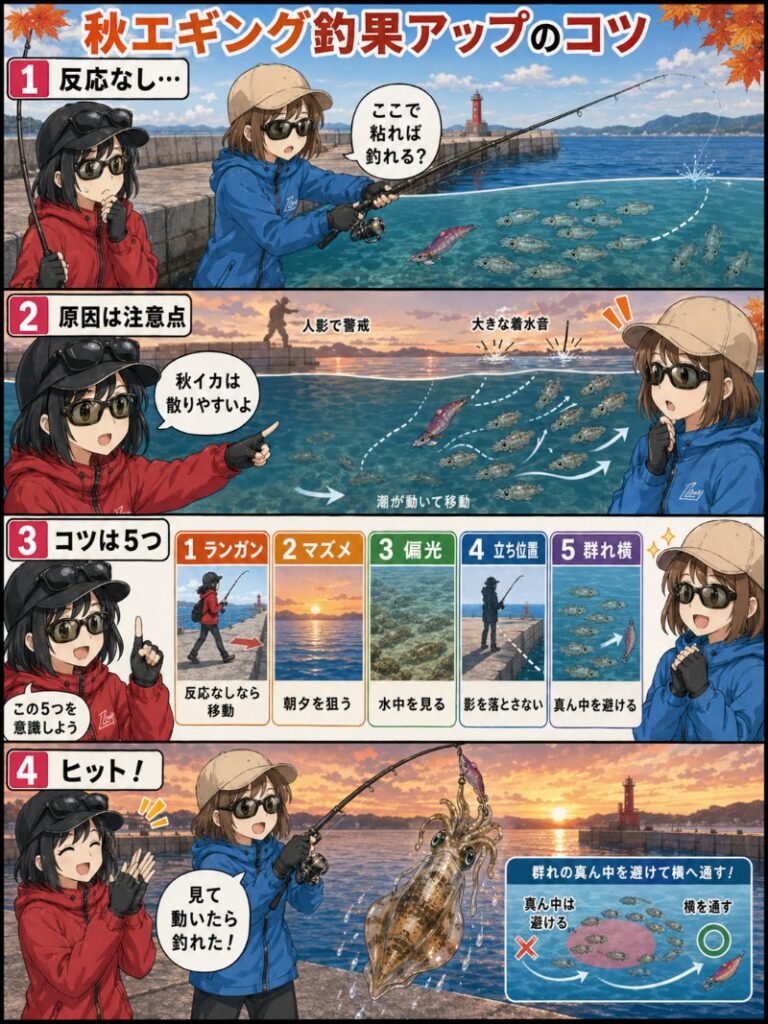 秋エギングで釣果を伸ばすためのコツと注意点を説明しているイラスト