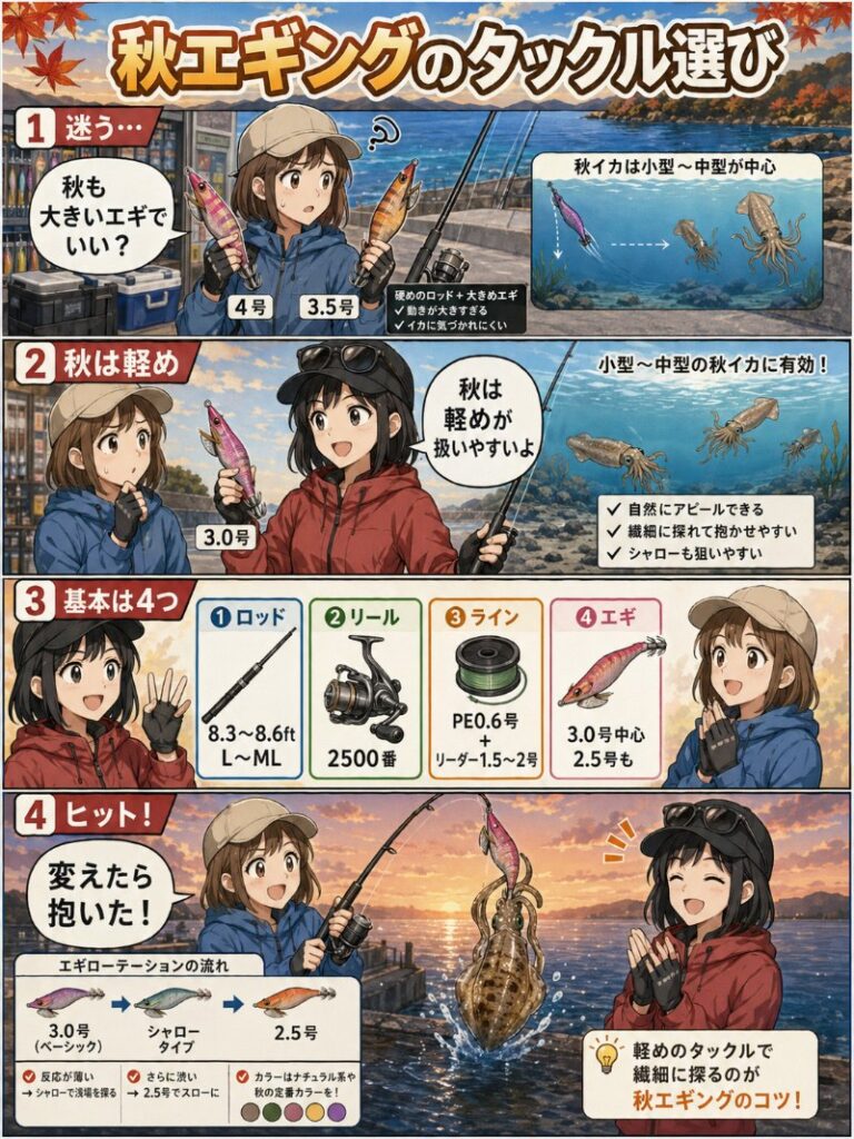 秋エギングに適したタックル構成・エギの選び方を説明しているイラスト