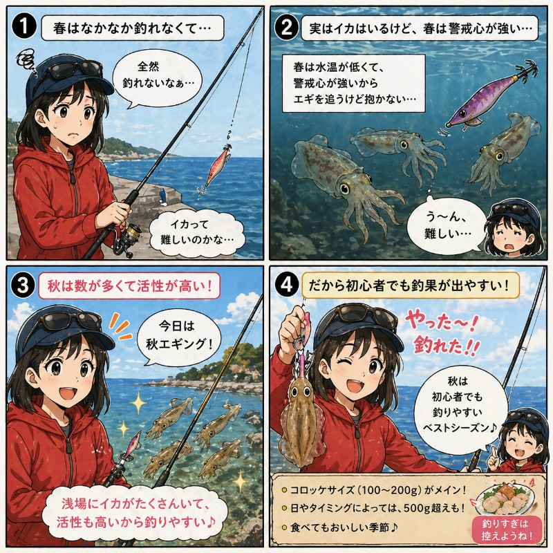 秋エギングは初心者でも釣果が出やすいのを説明する漫画