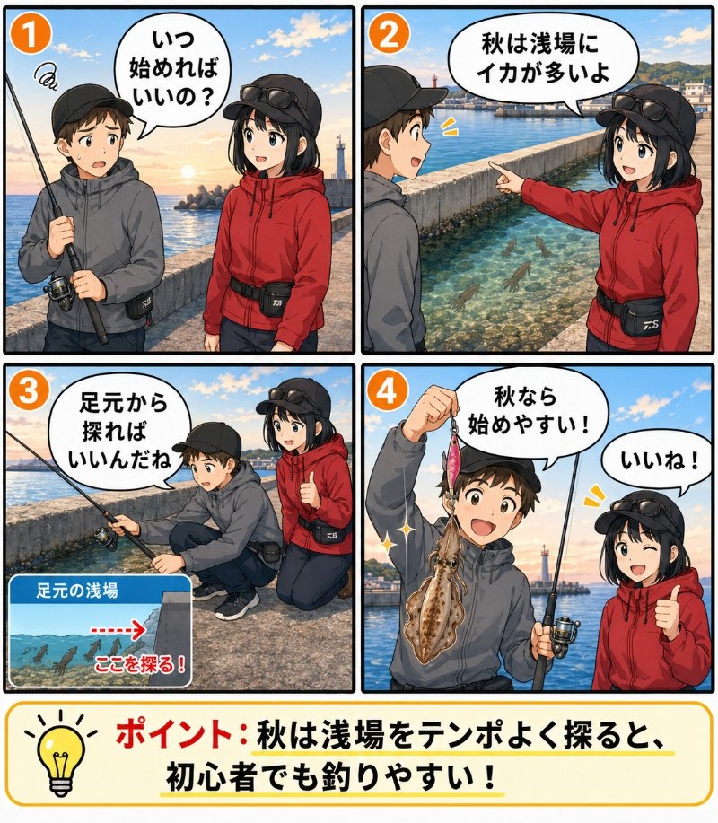 秋はエギングでもっとも釣果が上がる時期を説明している漫画