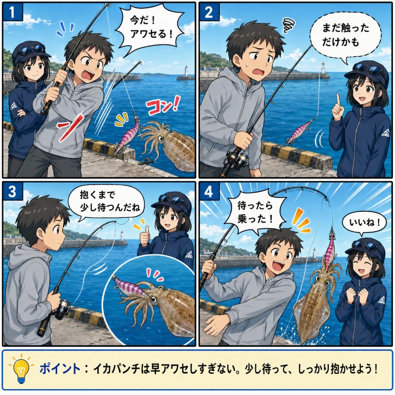 イカパンチしたときのアワセ方を説明している漫画