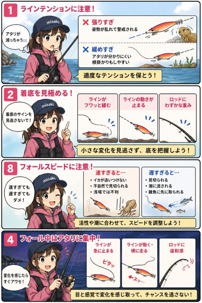 エギをフォールさせる際の注意点を説明している漫画