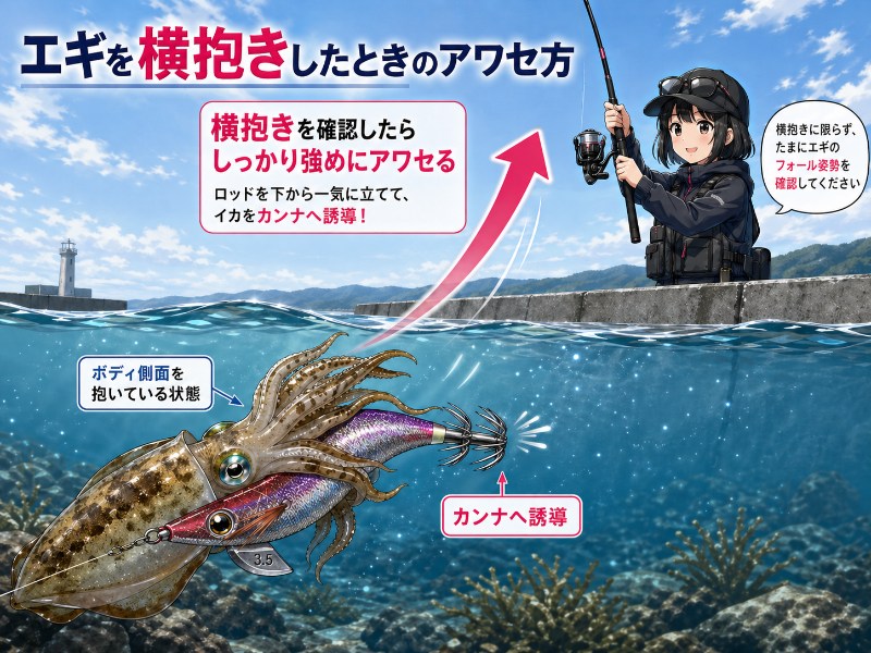 エギを横抱きしたときのアワセ方を説明している漫画