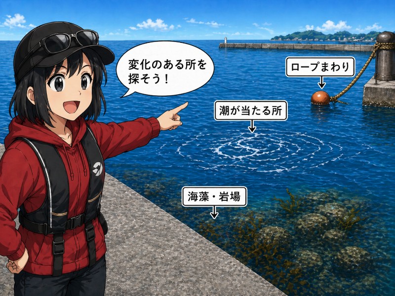 エギングのサイトフィッシングを楽しめるポイントを説明しているイラスト