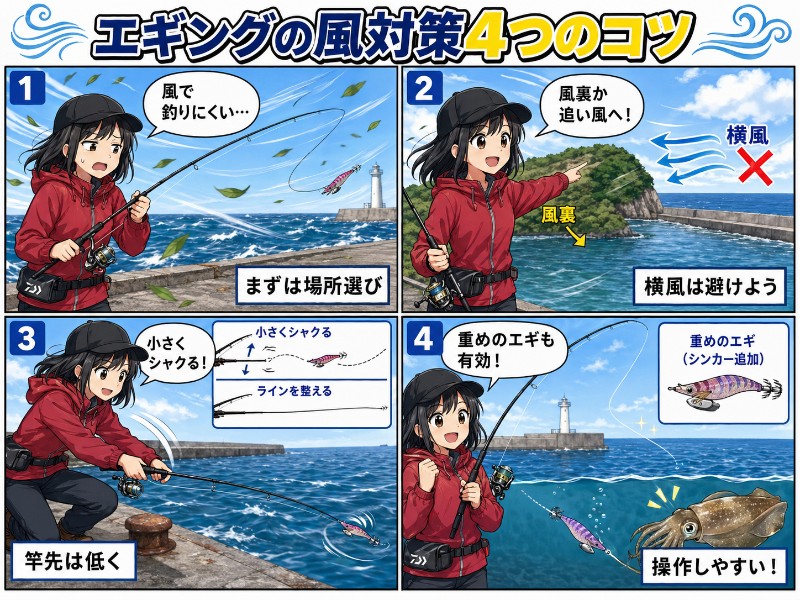 エギングの風対策４つのコツ・ポイント選びを説明している漫画