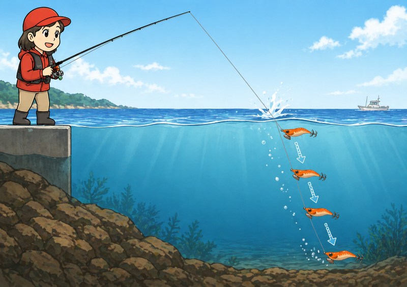 ベールを返してエギをフォールさせるを説明しているイラスト