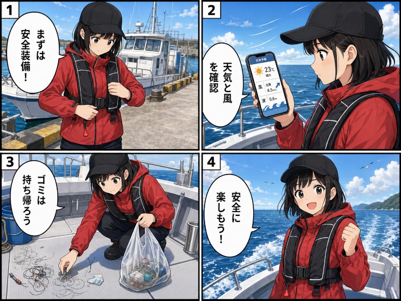 ボートエギングでは安全対策とマナーを徹底しようを説明しているイラスト