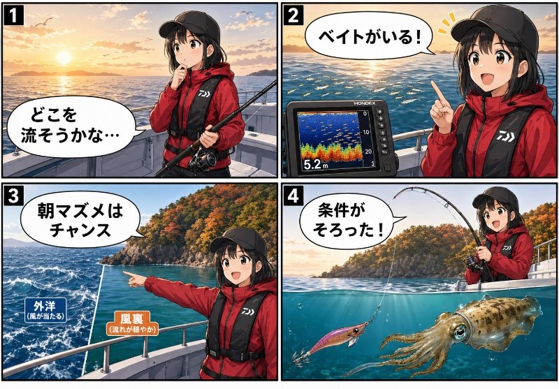 ボートエギングで釣果アップするコツを説明しているイラスト