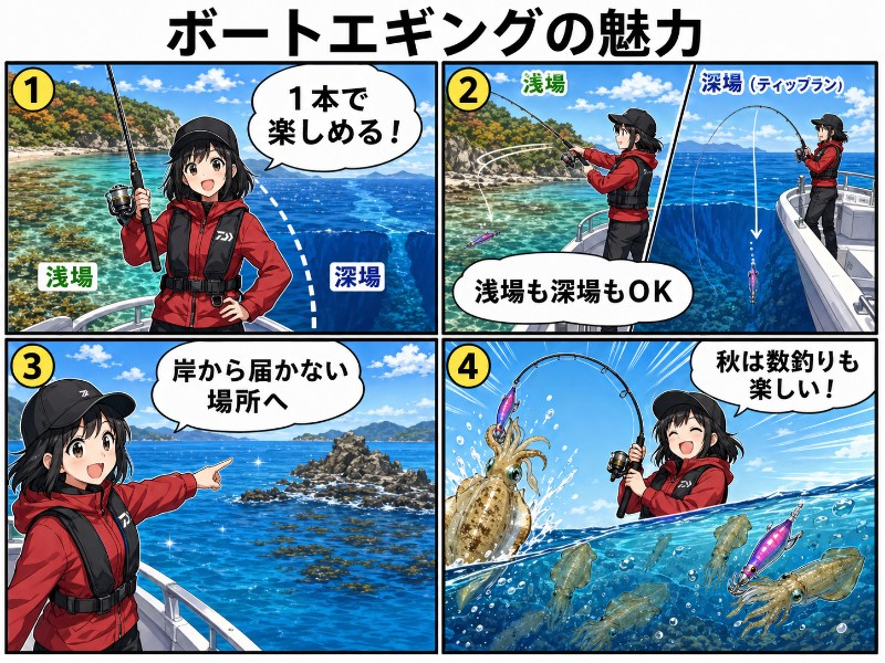 ボートエギングの魅力を説明しているイラスト