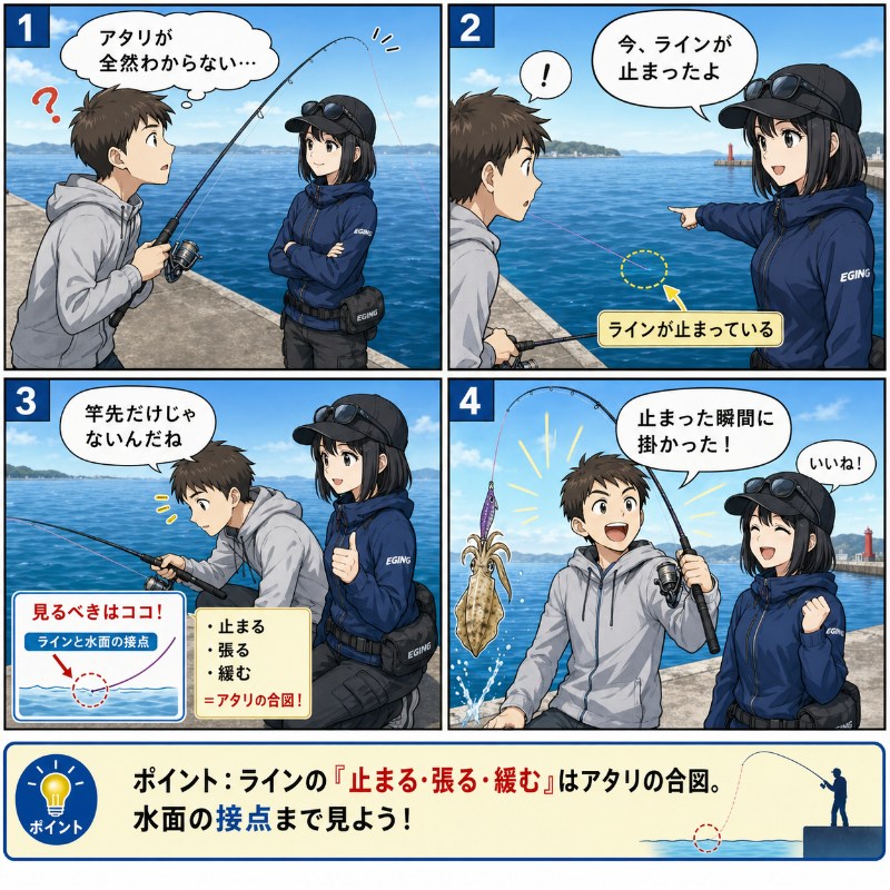 ラインに出る微妙なアタリを見極めるを説明している漫画