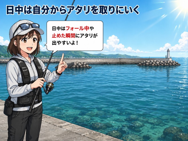 日中は自分からアタリを取りにいくを説明しているイラスト