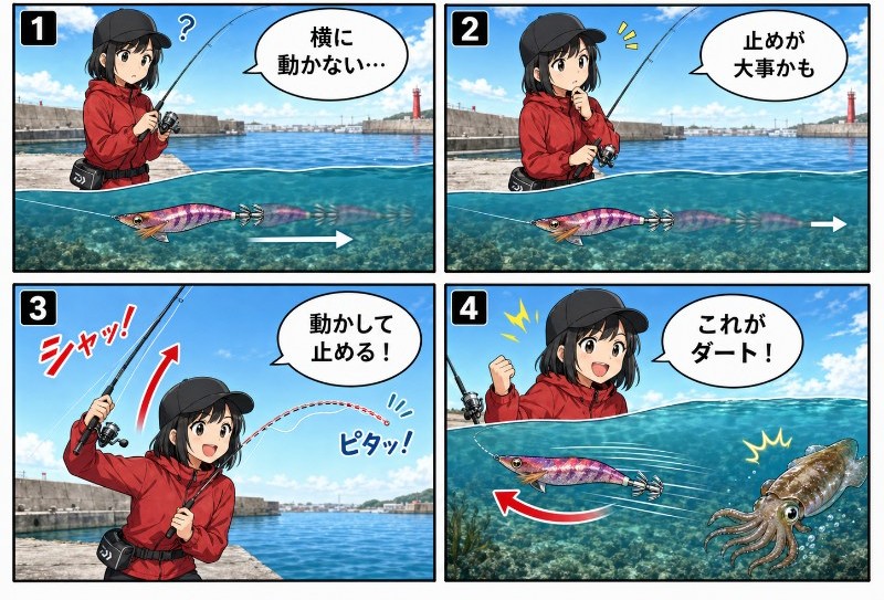 エギングのダートのやり方を説明しているイラスト