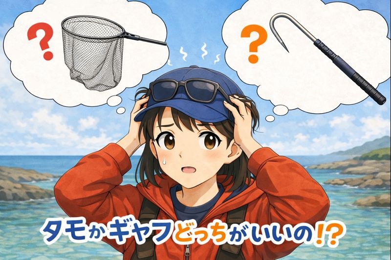 タモとギャフで悩んでいるイラスト