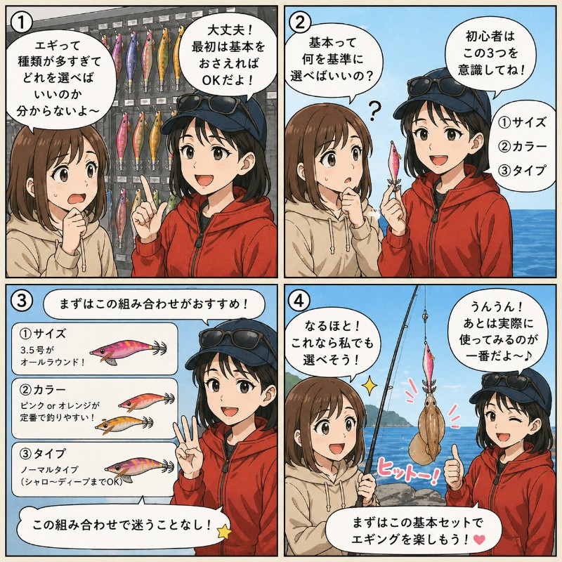 初心者におすすめのエギを説明している漫画