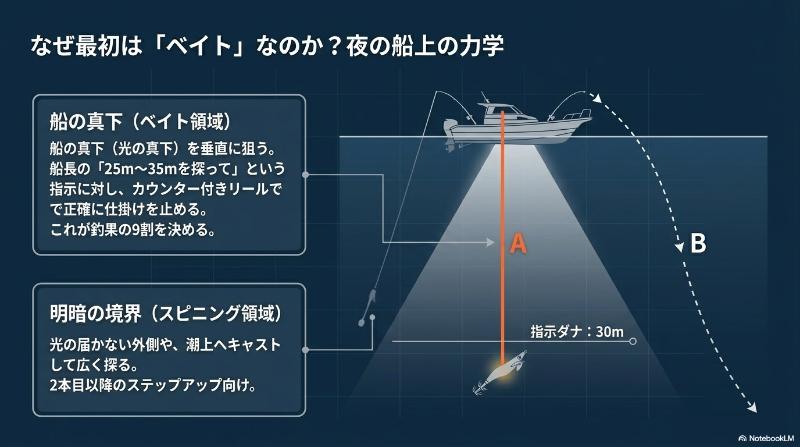 最初の1本はベイトロッドを基準にするを説明するイラスト