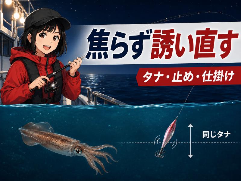 まとめ｜イカメタルで掛からないときは焦らず誘い直そうを説明しているイラスト