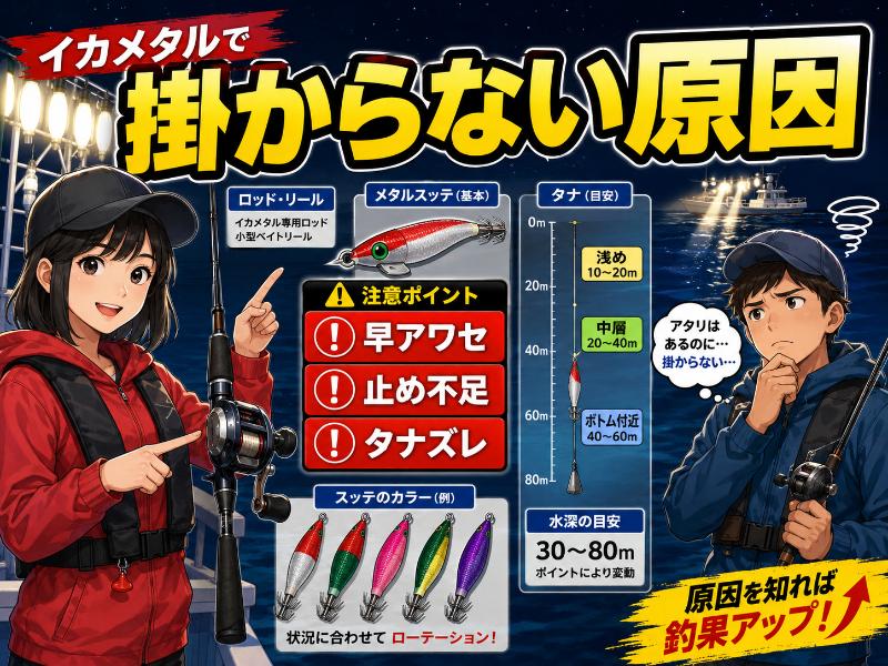 イカメタルで掛からない主な原因を説明しているイラスト