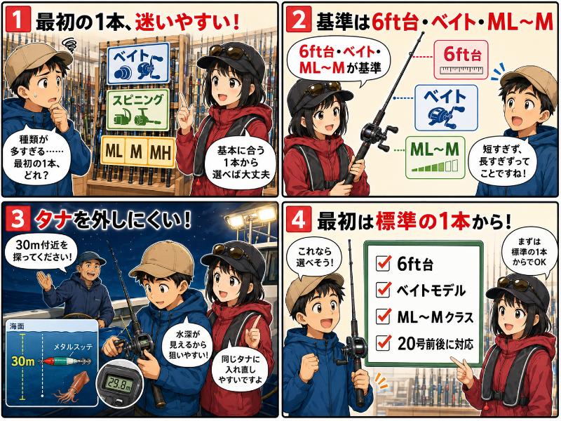 イカメタルロッドの選び方を説明している漫画
