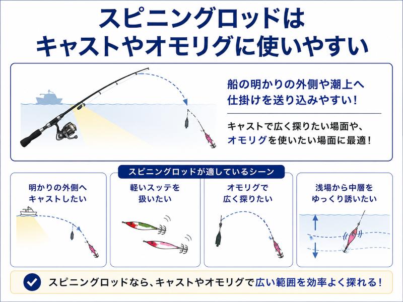 スピニングロッドはキャストやオモリグに使いやすいを説明している図