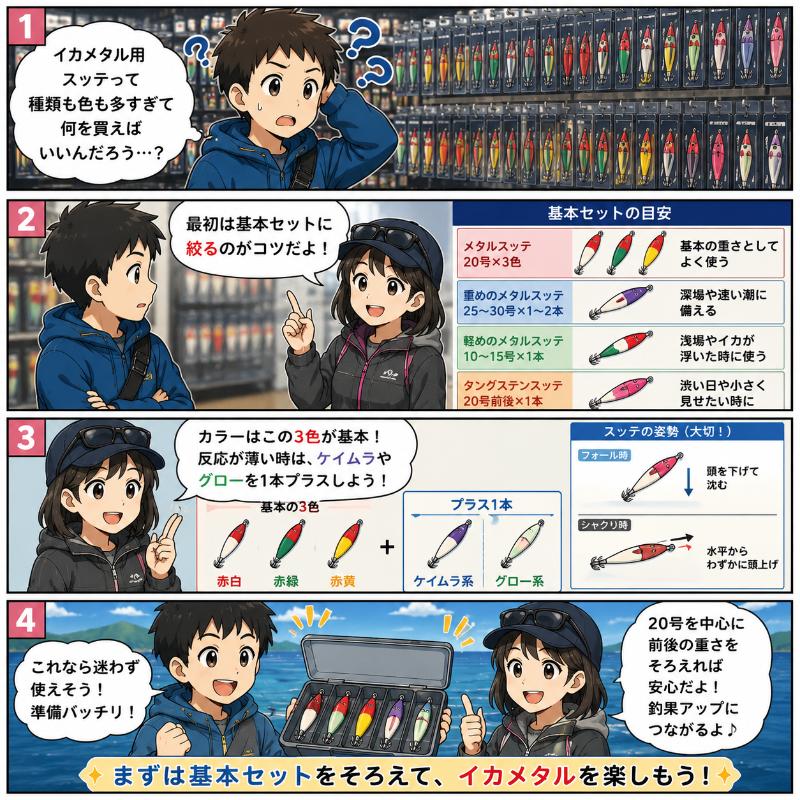 初心者はまず何を買う？イカメタル用スッテの基本セットの4コマ漫画