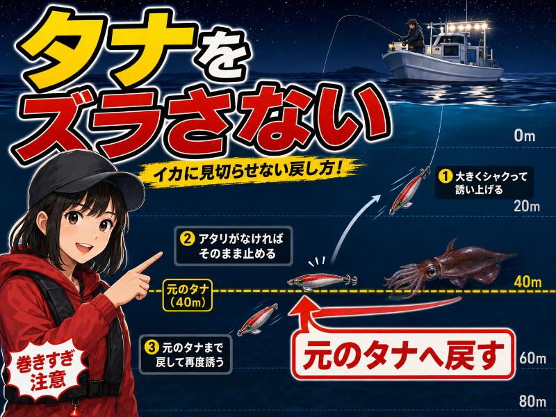掛からないときはタナを大きくズラさず誘い直すを説明しているイラスト