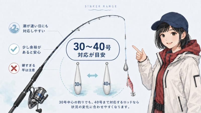 30〜40号前後のシンカーに対応するモデルを選ぶを説明している図